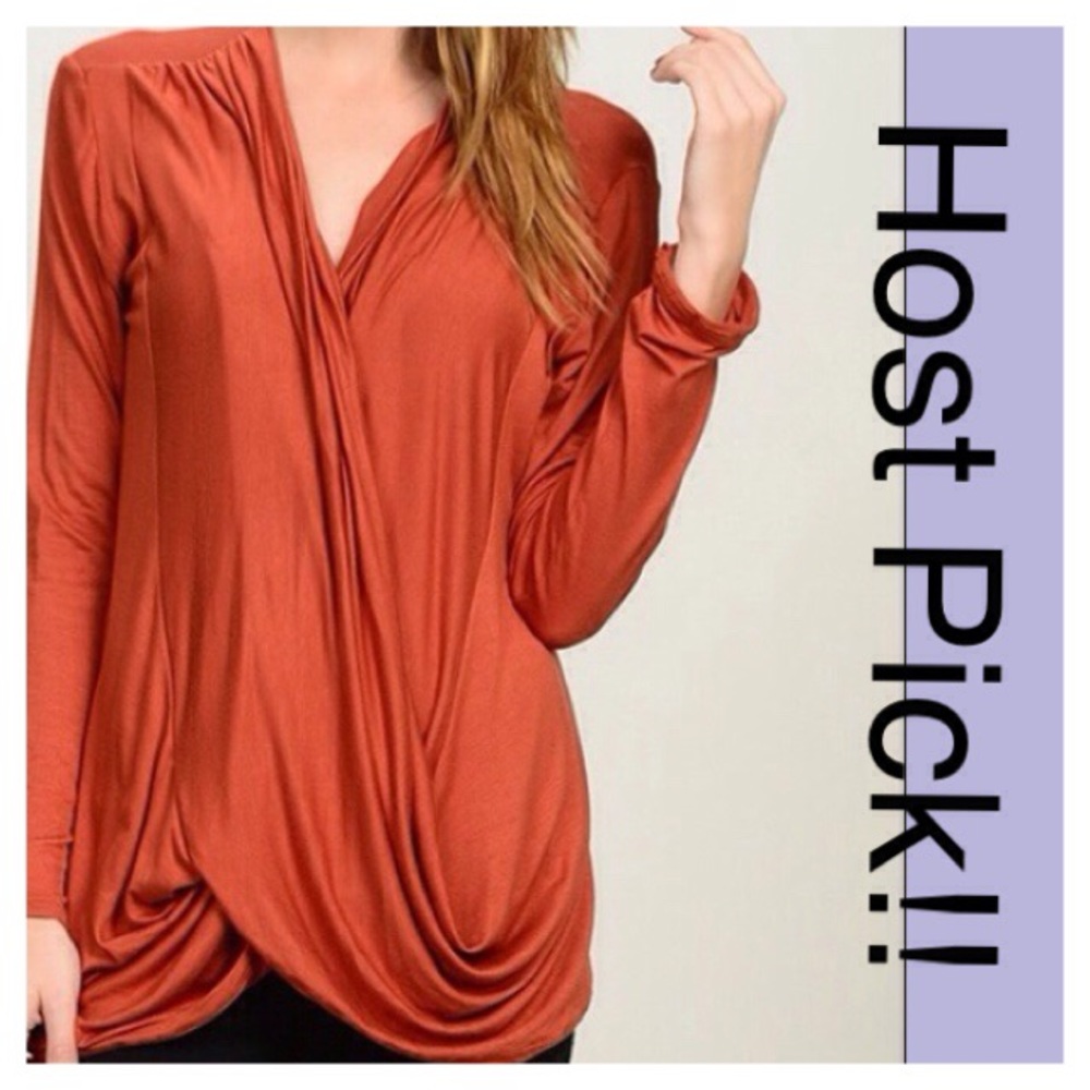 Bellino Clothing Rust Orange Drape Front Long Sleeve Blouse